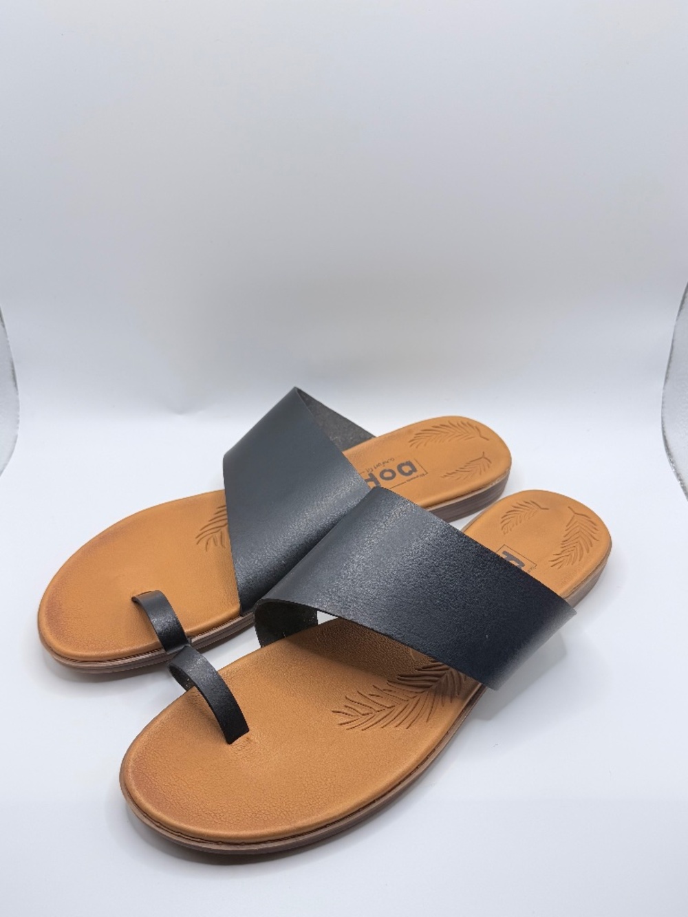 Pop Comfort Fit Women's Black Leather Toe-Loop Slide Sandals - Size 10